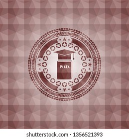 Phd thesis icon inside red seamless geometric pattern emblem. Seamless.