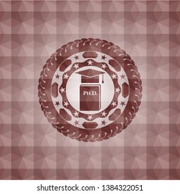 Phd thesis icon inside red badge with geometric pattern background. Seamless.