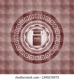 Phd thesis icon inside red seamless polygonal badge.