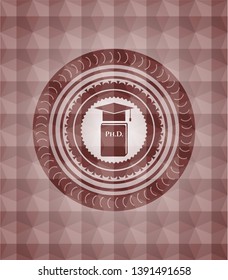 Phd thesis icon inside red badge with geometric background. Seamless.