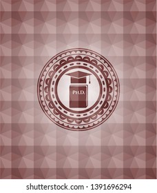 Phd thesis icon inside red seamless badge with geometric pattern background.