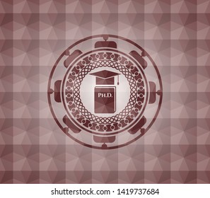 Phd thesis icon inside red seamless badge with geometric pattern background.