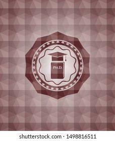 Phd thesis icon inside red emblem with geometric background. Seamless.