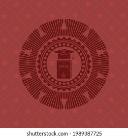 Icono de tesis Phd dentro del icono o emblema rojo. 