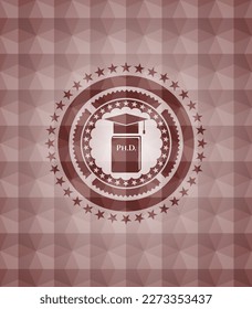 Phd thesis icon inside red emblem with geometric background. Seamless. 