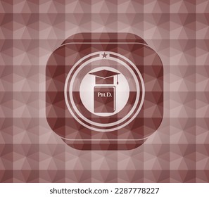 Phd thesis icon inside red emblem or badge with abstract geometric polygonal pattern background. Seamless. 