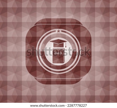 Phd thesis icon inside red emblem or badge with abstract geometric polygonal pattern background. Seamless. 