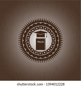 Phd thesis icon inside retro wooden emblem