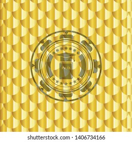 Phd thesis icon inside shiny golden emblem. Scales pattern. Vector Illustration. Detailed.