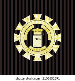 Phd thesis icon inside shiny emblem. 