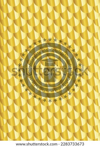 Phd thesis icon inside shiny golden emblem. Scales pattern. Vector Illustration. Detailed. 