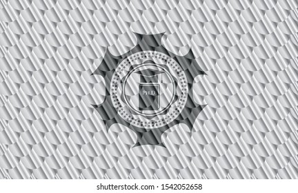 Phd thesis icon inside silver badge. Scales pattern. Vector Illustration. Detailed.