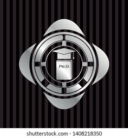 Phd thesis icon inside silvery emblem or badge