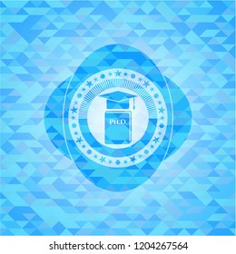 Phd thesis icon inside sky blue emblem with triangle mosaic background