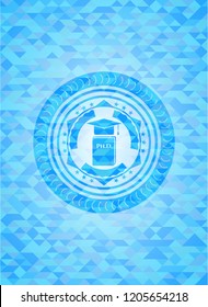 Phd thesis icon inside sky blue emblem with triangle mosaic background