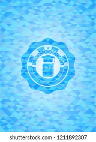 Phd thesis icon inside sky blue emblem with triangle mosaic background