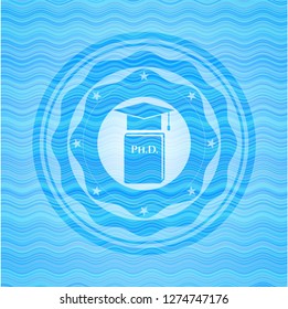 Phd thesis icon inside sky blue water wave emblem.