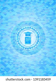 Phd thesis icon inside sky blue emblem. Mosaic background