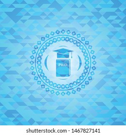 Phd thesis icon inside sky blue emblem with mosaic ecological style background