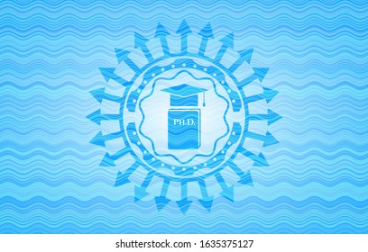 Phd thesis icon inside sky blue water wave badge background.