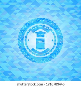 Phd thesis icon inside sky blue emblem. Mosaic background. 