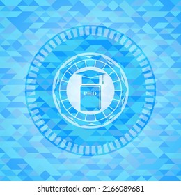Phd thesis icon inside sky blue emblem with mosaic ecological style background. 