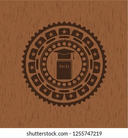Phd thesis icon inside wood emblem. Retro