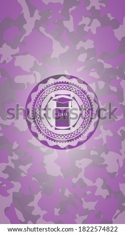Phd thesis icon on pink and purple camo texture. 