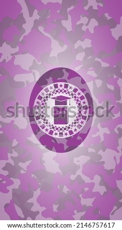 Phd thesis icon on pink camouflaged texture. 