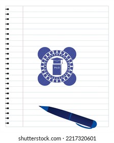 Phd thesis icon pen draw. Blue ink. Vector Illustration. Detailed. 