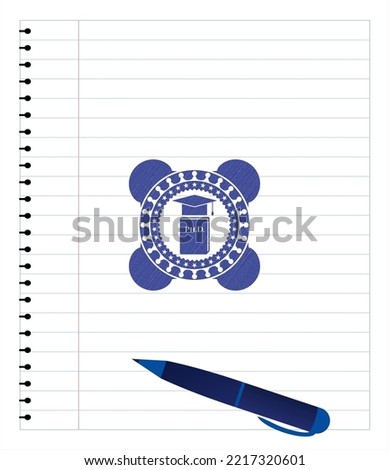 Phd thesis icon pen draw. Blue ink. Vector Illustration. Detailed. 
