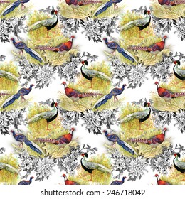 Pheasant animals birds in floral seamless pattern on white background vector illustration