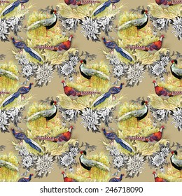 Pheasant animals birds in floral seamless pattern on beige background vector illustration