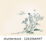 pheasant bamboo flower nature landscape view vector sketch illustration japanese chinese oriental line art ink card background
