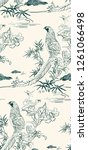 pheasant bamboo flower nature landscape view vector sketch illustration japanese chinese oriental line art ink seamless pattern