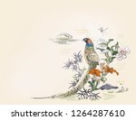 pheasant bamboo flower nature landscape view vector sketch illustration japanese chinese oriental line art ink card background