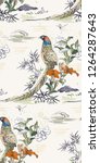 pheasant bamboo flower nature landscape view vector sketch illustration japanese chinese oriental line art ink seamless pattern