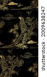 pheasant bamboo flower nature landscape view vector sketch illustration japanese chinese oriental line art ink seamless