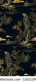 pheasant bamboo flower nature landscape view vector sketch illustration japanese chinese oriental line art ink seamless pattern