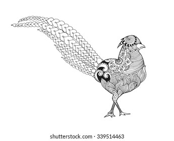 Pheasant bird. Black white hand drawn doodle. Ethnic patterned vector illustration. African, indian, totem, tribal, zentangle design. Sketch for coloring page, tattoo, poster, print or t-shirt.