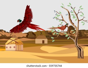 Pheasant flying over kazakh nomad's aul in desert