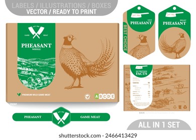 Pheasant game meat packaging design set featuring detailed hand drawn illustrations, accents and informative labels. Perfect for farms, butchers, and supermarkets seeking a high quality meat 