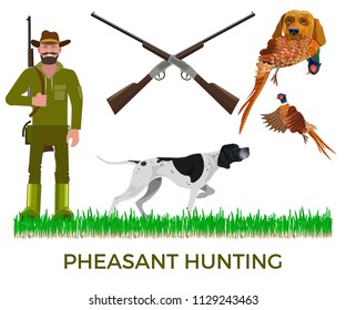 Pheasant hunting set. Vector illustration isolated on the white background