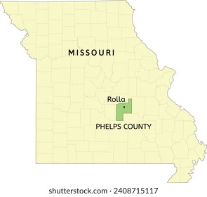 Ubicación del condado de Phelps y de la ciudad de Rolla en el mapa del estado de Missouri