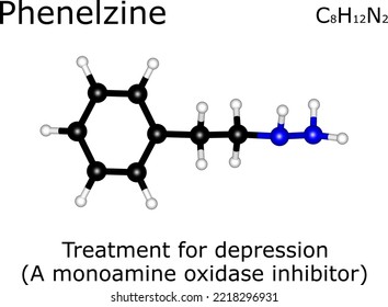 Phenelzine chemical formula and molecular structure; Phenelzine is a drug used to treat depression; Phenelzine is a monoamine oxidase inhibitor (MAOI)