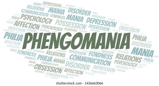 Phengomania word cloud. Type of mania, made with text only.