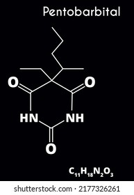 Phenobarbital-Molekül einzeln auf schwarzem Hintergrund. Freizeitdroge. Vektorgrafik.