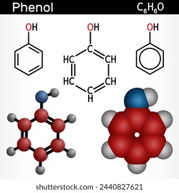 Phenol, carbolic acid molecule. Structural chemical formula, molecule model. Vector illustration