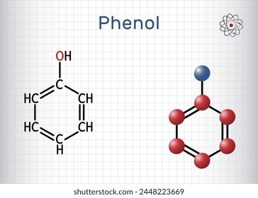 Phenol, Carbonsäuremolekül. Strukturelle chemische Formel, Molekül-Modell. Blatt Papier in einem Käfig. Vektorillustration
