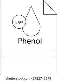 Ilustración de fenol con su fórmula y estructura molecular en una hoja blanca con líneas para notas